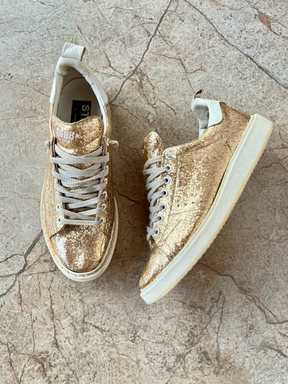 Golden Goose Gold Glitter Low-Top Sneakers with White Accents